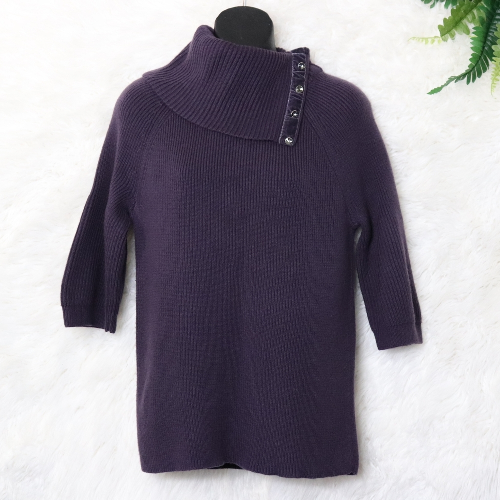 Ann Taylor Dark Purple Split Turtleneck Ribbed Short Sleeve Sweater Size Medium